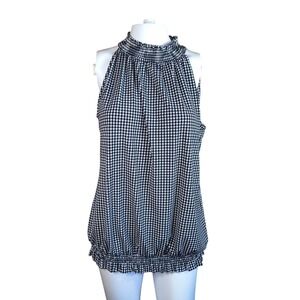 Adrianna Papell Gingham Smocked Ruffle Halter Top Sleeveless‎ Blouse Black White